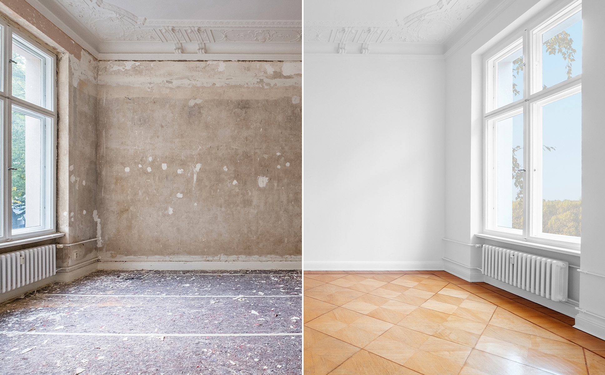 flat renovation, empty room before and after refurbishment old and new interior